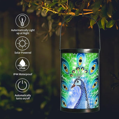 Afirst Hanging Solar Lantern Outdoor Glass Peacock Lights Waterproof LED Lamp for Garden Yard Tree Desk Decor