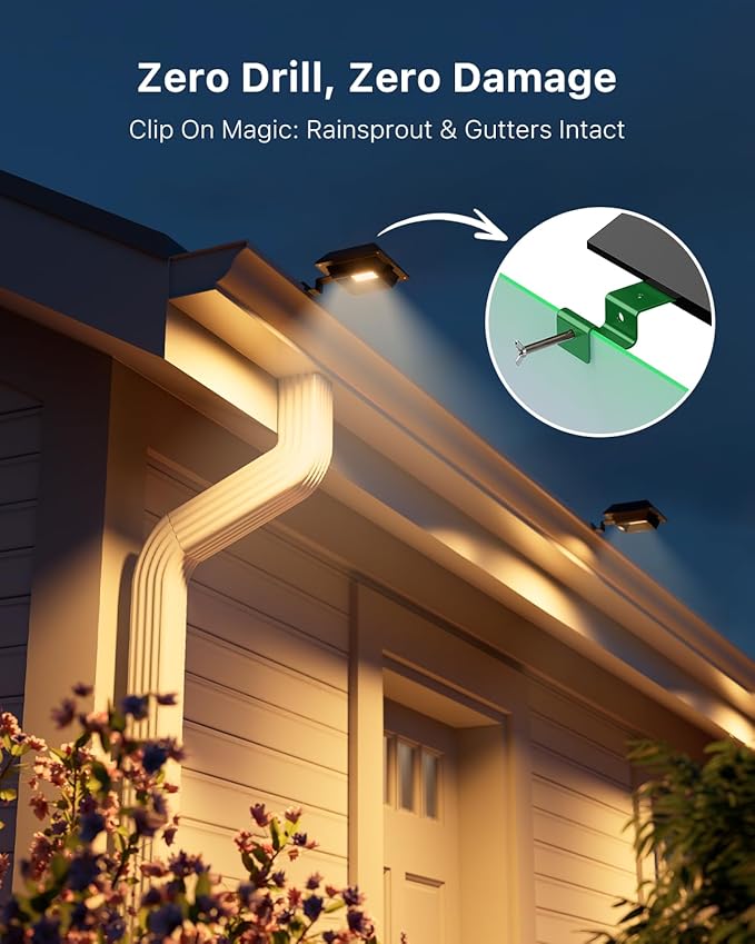 8 Pack Solar Powered Gutter Lights Outdoor Waterproof 12 LED Clip Gutters Light for Eaves, Roof, Rainspout, Fence, Railing, Wall, Garage, House Porch, Deck, Yard, No Drilling Installation(Warm White)