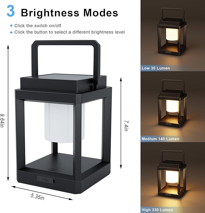 Solar Lantern Outdoor, Rechargeable Waterproof LED Lantern, Tabletop and Hanging Solar Lanterns Outdoor with Touch Control for Patio Camping