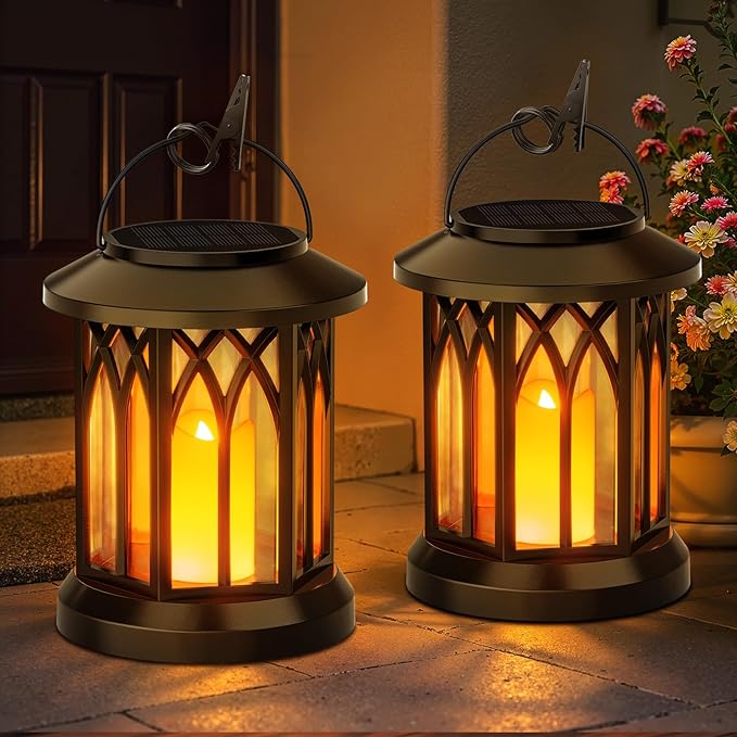 KOOPER 4 Pack Solar Lantern Outdoor Lights, Hanging Solar Lanterns Outdoor Waterproof, Christmas Gifts LED Flickering Flameless Candle Mission Lights for Yard Table Garden (Black)