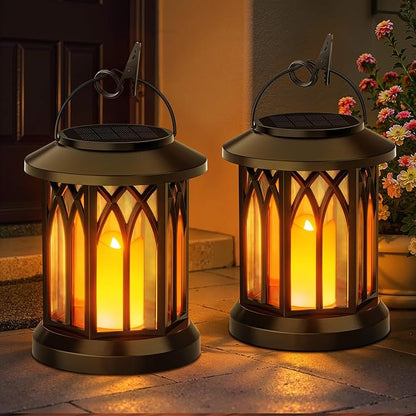 KOOPER 4 Pack Solar Lantern Outdoor Lights, Hanging Solar Lanterns Outdoor Waterproof, Christmas Gifts LED Flickering Flameless Candle Mission Lights for Yard Table Garden (Black)