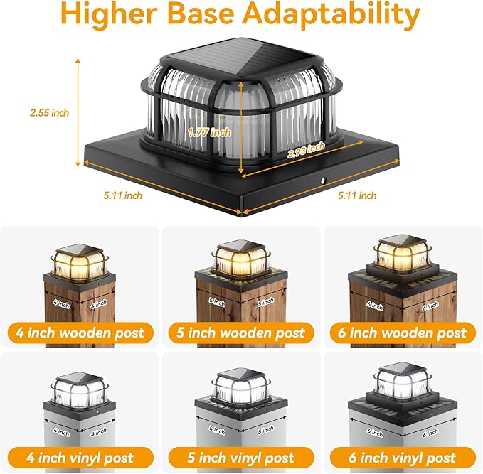 Solar Post Light 8 Packs with 4x4, 5x5 and 6x6 Inches Base for Vinyl/Wooden Posts, Bright 16 LEDs Solar Cap Lights with Two Light Modes for Decorating Deck, Patio, Porch, Fence (Black)