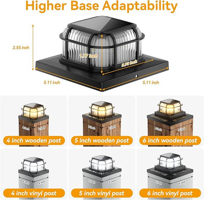 Solar Post Light 8 Packs with 4x4, 5x5 and 6x6 Inches Base for Vinyl/Wooden Posts, Bright 16 LEDs Solar Cap Lights with Two Light Modes for Decorating Deck, Patio, Porch, Fence (Black)