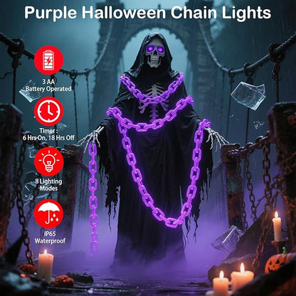10Ft Purple Halloween Chain Lights Battery Operated with Timer, 8 Modes Halloween Decorations Indoor Outdoor, Waterproof Lighted Plastic Chains for Haunted House Party Cosplay Props Skeleton Dog