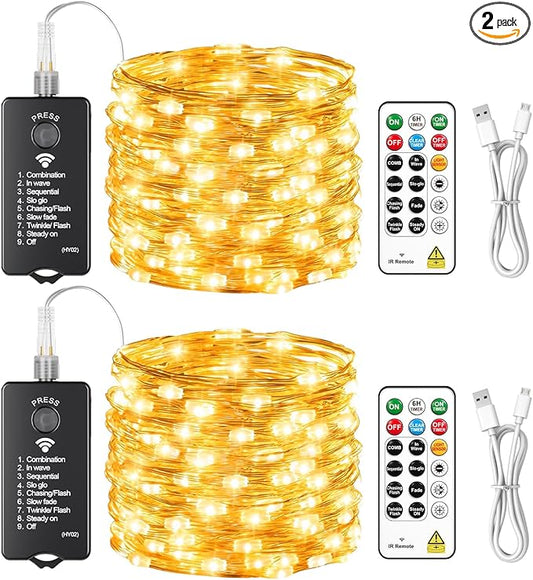 HXWEIYE Rechargeable Fairy Lights with Remote, 2 Pack 33ft 100LED Twinkle Lights with DIY Timer & Light Sensor, Waterproof Outdoor String Lights for Bedroom Patio Christmas Tree Decor, Warm White