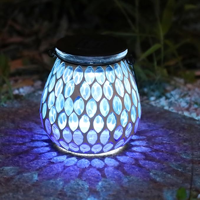 Afirst Mosaic Solar Lanterns - Glass Hanging Lights Hollow Out Waterproof Decorative for Garden, Patio, Holiday Party Outdoor Decoration, Blue-C, 5009420