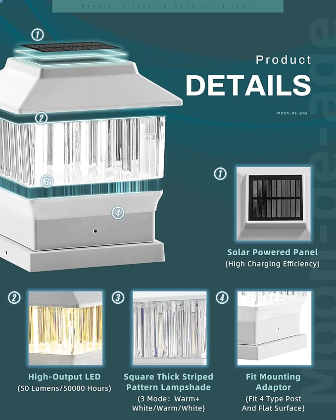 50 Lumen Solar Post Lights, 3 Modes Outdoor Deck Fence Post Cap Lights - 4x4 3.5x3.5 4.5x4.5 or 5.5x5.5, LED Landscaping Patio Garden Yard Decoration Waterproof (1 Pack, White)