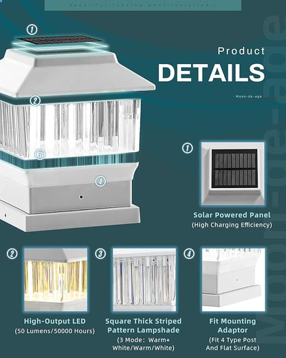 50 Lumen Solar Post Lights, 3 Modes Outdoor Deck Fence Post Cap Lights - 4x4 3.5x3.5 4.5x4.5 or 5.5x5.5, LED Landscaping Patio Garden Yard Decoration Waterproof (1 Pack, White)