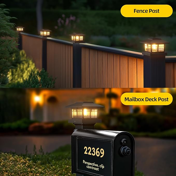 EXCMARK 4x4 Solar Post Cap Lights, 8 Pack Fence Deck Post Lights Outdoor Solar Powered Waterproof with Two Light Modes Warm&Cool White for Garden Patio Decor.(Classic Black, 8)