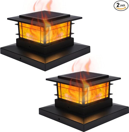 Dynaming 2 Pack Solar Post Cap Lights Outdoor with Flickering Flame Light, Fence Post Solar Lights Fit for 4x4 5x5 6x6 Vinyl/Wooden Posts, High Brightness SMD LED Lighting Decor for Garden Deck Patio