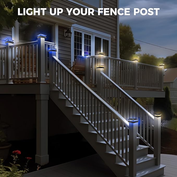 Peasur 2pack 4x4 Solar Post Lights Outdoor, Blue & Warm White LED Fence Caps Light Waterproof, Wood & Vinyl Post Top Lighting for Deck Mailbox Railing Porch Outside