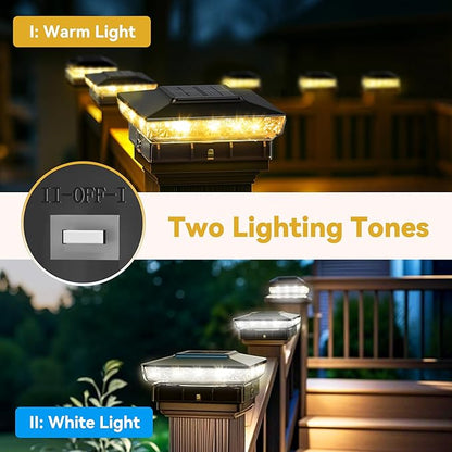 Solar Post Cap Lights, 2 Pack Upgraded Outdoor Deck Fence Post Solar Lights for 4x4 5x5 Wood/Vinyl Posts, IP65 Waterproof, 10-12 Hours Warm/Cool White Glow for Garden/Patio/Porch - Black