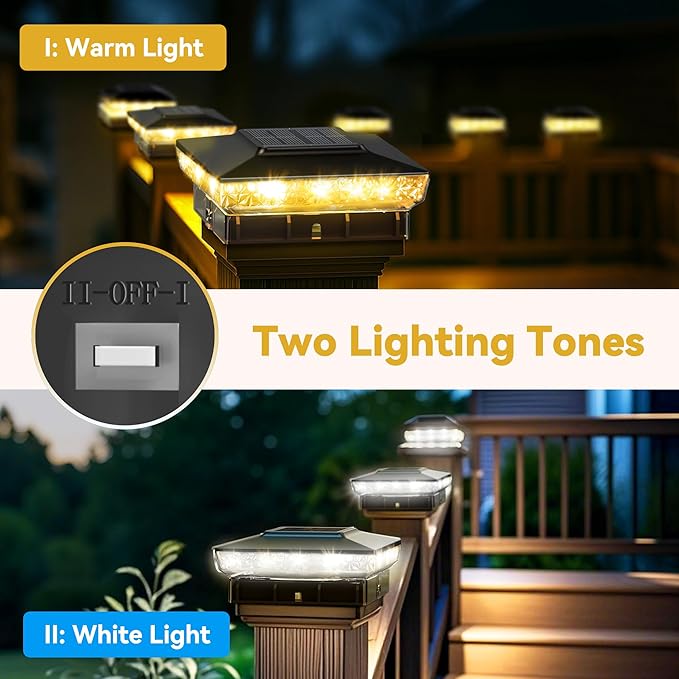 Solar Post Cap Lights, 6 Pack Upgraded Outdoor Deck Fence Post Solar Lights for 4x4 5x5 Wood/Vinyl Posts, IP65 Waterproof, 10-12 Hours Warm/Cool White Glow for Garden/Patio/Porch - Black