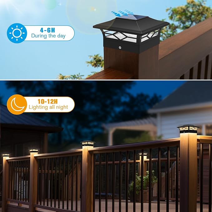Solar Post Cap Lights Outdoor 6pack, Waterproof Solar Powered Deck Fence Post Lights for 4x4 Wood/Vinyl Posts, Solar Outdoor LED Light with Cool/Warm Lighting Decorate Garden Patio Porch…