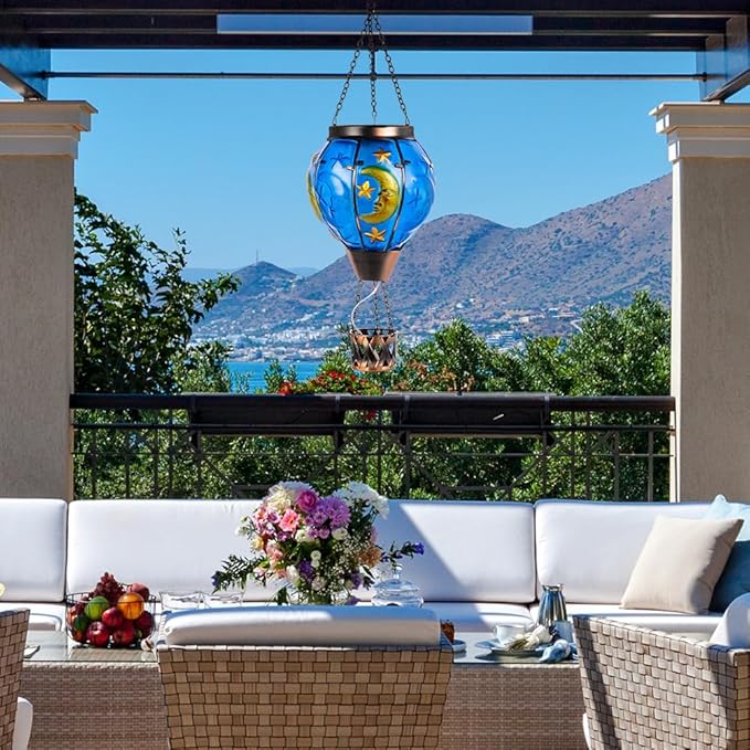 Moon Pattern Hot Air Balloon Solar Lantern with Flickering Flame , Hanging Outdoor Lantern Light Glass Waterproof Decor for Patio, Porch, Garden