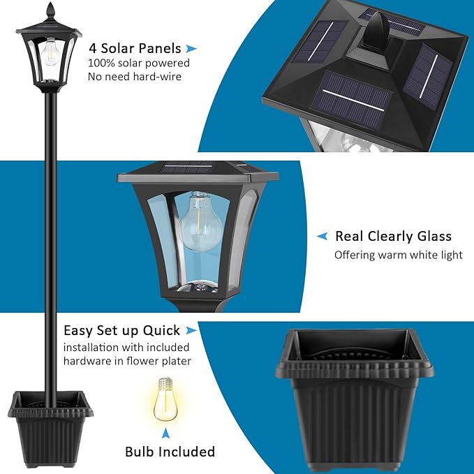 Lamp Post Light with Planter, Solar Outdoor