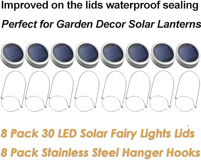 Mason Jar Solar Lantern Lights, 8 Pack 30 LED Bulbs Fairy Star Firefly Solar Lids Jar Lights,8 Hangers Included(No Jars),for Outdoor Home Garden Patio Christmas Halloween Decor Light