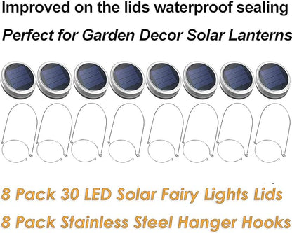 Mason Jar Solar Lantern Lights, 8 Pack 30 LED Bulbs Fairy Star Firefly Solar Lids Jar Lights,8 Hangers Included(No Jars),for Outdoor Home Garden Patio Christmas Halloween Decor Light