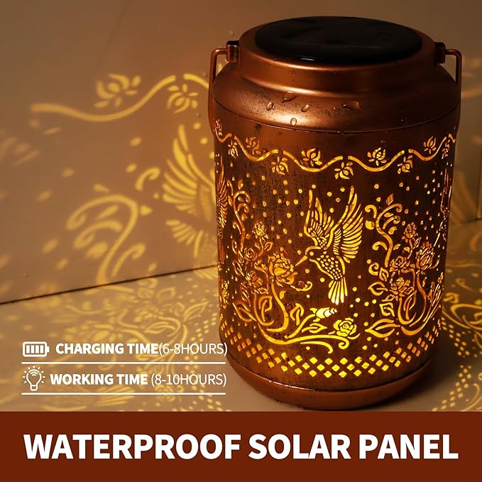 Hummingbird Solar Lanterns Outdoor,Metal Hanging Solar Lights with Hummingbird Projection-Waterproof Garden Decor for Yard,Patio,Backyard,Porch-Gifts for Women,Mom,Grandma,Sister