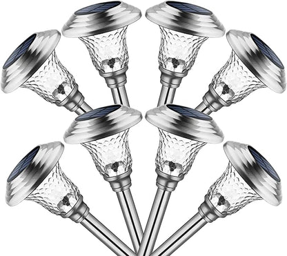 GIGALUMI 8 Pack Solar Pathway Lights, Solar Garden Lights Outdoor Warm White, Waterproof Led Path Lights for Yard, Patio, Landscape, Walkway (Stainless Steel)