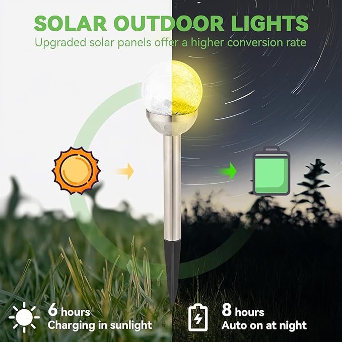 Solar Lights Outdoor, 6 Pack LED Color Changing, Stainless Steel, IP66 Waterproof, Crystal Cracked Glass Solar Garden Lights, Christmas Lights Outdoor for Landscape, Yard, Walkway, Pathway, Multicolor