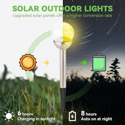 Solar Lights Outdoor, 6 Pack LED Color Changing, Stainless Steel, IP66 Waterproof, Crystal Cracked Glass Solar Garden Lights, Christmas Lights Outdoor for Landscape, Yard, Walkway, Pathway, Multicolor