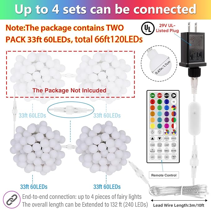 66FT Color Changing String Lights, Connectable Globe String Lights Plug in with Remote, 120 LEDs 128 Modes Christmas Lights Outdoor Waterproof for Patio Tent Camping Bedroom Classroom Party Xmas Decor