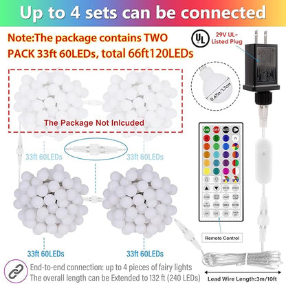 66FT Color Changing String Lights, Connectable Globe String Lights Plug in with Remote, 120 LEDs 128 Modes Christmas Lights Outdoor Waterproof for Patio Tent Camping Bedroom Classroom Party Xmas Decor