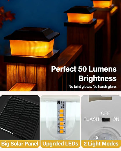 Solar Post Cap Lights Outdoor for 3.5x3.5 4x4 5x5 Wood/Vinyl Posts, 12 Pack Fence Post Solar Lights with Flickering Flame & Warm Modes for Deck/Garden/Patio, IP65 Waterproof - Black