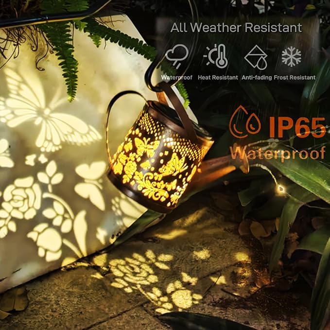 Solar Watering Can Lights,LED Solar Lantern String Light Outdoor Garden Waterproof Hollowed-Out Retro Metal Water Can Lights,for Garden Patio Yard Pathway Lantern Plant Decoration (Butterfly)