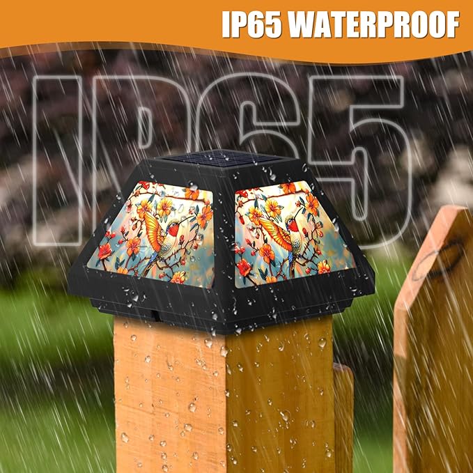 Solar Post Cap Lights - 4x4, 5x5, 6x6 Fence Post Solar Lights, Daffodils Lampshade, 15LM Bright LED, IP65 Waterproof Outdoor Post Lights for Garden, Yard, Deck, Warm White (Bird, 4)