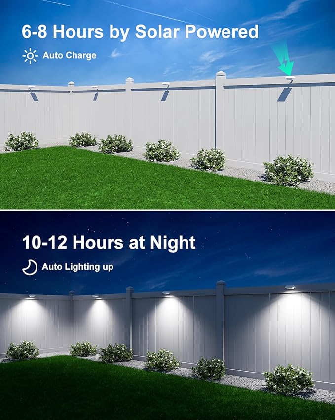 4 Pack White Solar Powered Gutter Lights Outdoor Decorative Waterproof 12 LEDs Yard Lamp for Lighting Fence, Railing, Outside Wall, Deck, Garden, Path, Backyard, Walkway, Patio, Holeless Installation