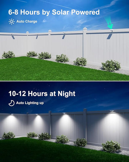 4 Pack White Solar Powered Gutter Lights Outdoor Decorative Waterproof 12 LEDs Yard Lamp for Lighting Fence, Railing, Outside Wall, Deck, Garden, Path, Backyard, Walkway, Patio, Holeless Installation