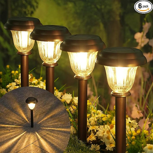 Solar Lights Outdoor, 6 Pack Metal Solar Pathway Lights, Heavy Duty Stainless Steel & Glass, Auto On/Off Waterproof Garden Lights for Driveway Landscape Walkway Yard Outdoor Decor (Warm White)