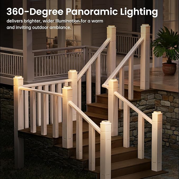 APONUO Solar Post Cap Lights, 12-Pack Fence Post Solar Lights with 20 Lumens 3-Sided Panoramic Glow, IP65 Waterproof Fence, Deck, Patio, Garden Decor, Easy No-Tool Install for 4x4 5x5 Posts, White