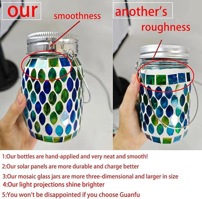 Solar Mosaic 2pack Outdoor Waterproof Cool Blue Mosaic jar Decor Christmas Gifts for Women Mom Grandma Halloween Hanging Solar Lights Decoration Outside for Yard, Patio,Backyard,Porch (Contemporary)