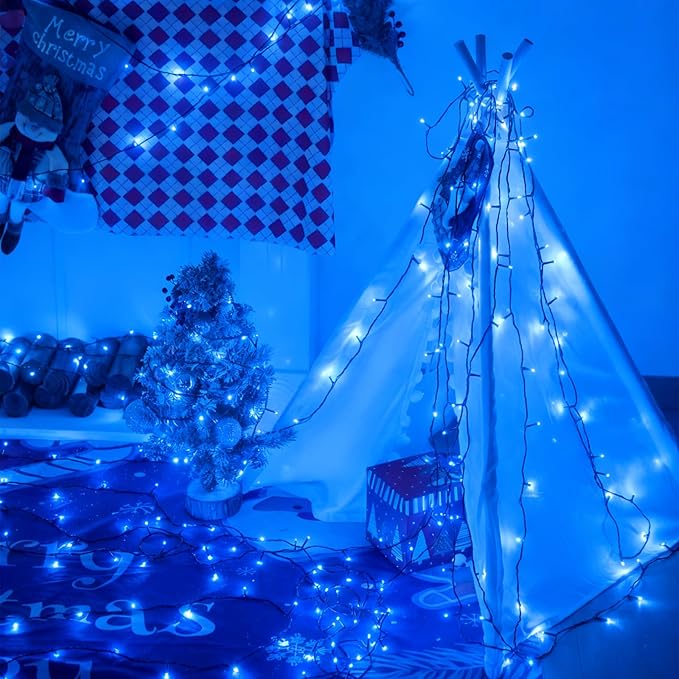 YEGUO Christmas Lights Battery Operated, 2 Pack Each 33ft 100 LED Blue String Lights Outdoor Waterproof, 8 Modes Green Wire Fairy Light Indoor with Remote