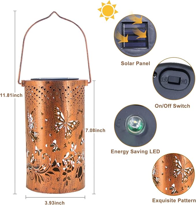 Butterfly Solar Lanterns Outdoor Waterproof Hanging Lights, Butterfly Gifts for Women Mom Grandma, Metal Decorative LED Solar Lanterns for Yard Patio Porch Balcony Garden Decor