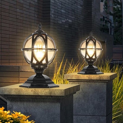 Outdoor Post Caps Lights Fixture Exterior Post Mount Column Lights IP55 Waterproof Pillar Lamps Fence Deck Caps Lanterns With Globe Amber Glass Landscape Lighting Yard Porch Gate Bollard Pedestal Lamp
