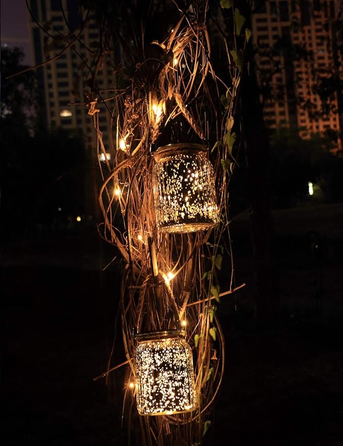 Hanging Solar Lantern Outdoor,Solar Lights Mercury Mason Jar Glass Hanging Lights with 20 LED Waterproof for Tree, Table, Yard, Garden, Patio, Holiday Party Outdoor Decor,2 Pack