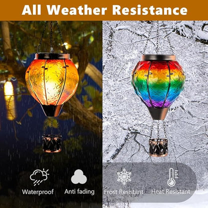 DREAMSOUL Rainbow Hot Air Balloon Solar Lantern, Metal & Glass Solar Lantern with Flickering Flame, Hanging Solar Lanterns Outdoor Waterproof for Lawn, Patio, Tree Decor