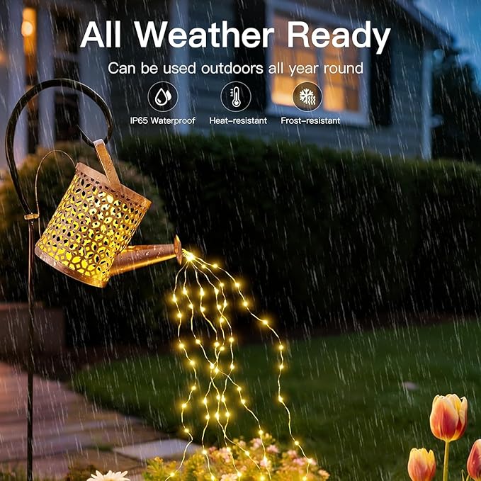Ollny Solar Watering Can with Cascading Lights Outdoor Garden Decor, Birthday Gifts for Mom Grandma Women, IP65 Waterproof 2 Lighting Modes Hanging Lanterns for Yard Patio Lawn (Beehive)