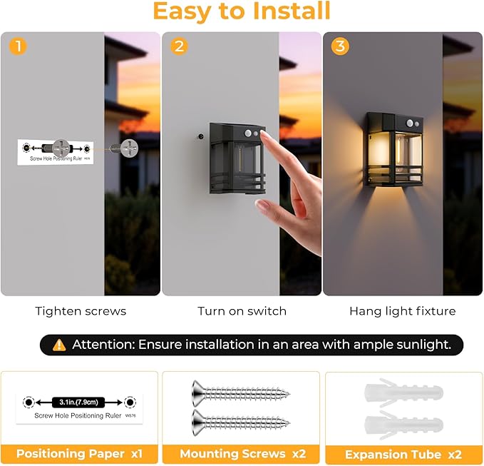 btfarm 2 Pack Solar Wall Lights Outdoor,3 Modes Motion Sensor Lights Dusk to Dawn, IP65 Waterproof Porch Light Solar Powered, 1200mAh Wireless Wall Mount Sconces for Outside Patio, Garage, Yard