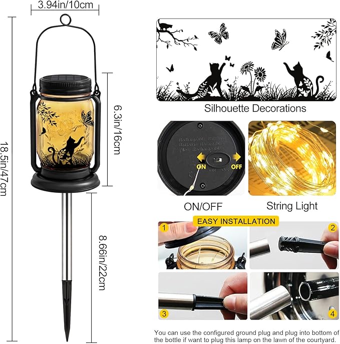 Cat Solar Lanterns, Outdoor Hanging Solar Lantern with Stake, Birthday Gifts for Mom, Grandma, Women Cat Lovers, Black Cat Butterfly Mason Jar Waterproof Lights for Yard Lawn Garden Decor
