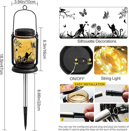 Cat Solar Lanterns, Outdoor Hanging Solar Lantern with Stake, Birthday Gifts for Mom, Grandma, Women Cat Lovers, Black Cat Butterfly Mason Jar Waterproof Lights for Yard Lawn Garden Decor