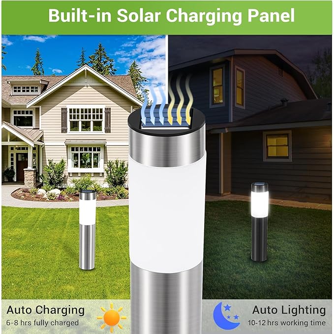 8 Pack Solar Pathway Lights Outdoor, Solar Walkway Lights with Polished Stainless Steel Layer, IP45 Waterproof Outdoor Solar Lights for Garden Yard Landscape Driveway Patio Deco