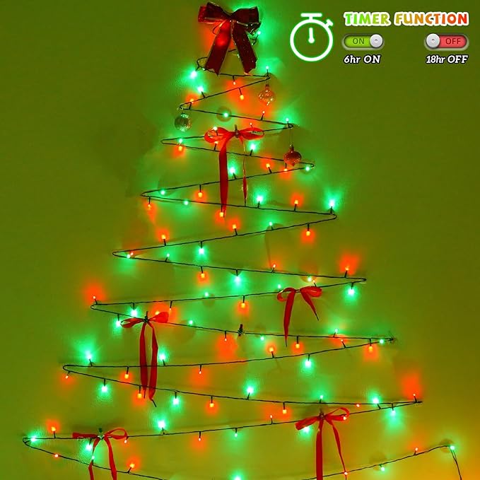 YEGUO Christmas Lights Battery Operated, 2 Pack Each 33ft 100 LED Red and Green String Lights Outdoor Waterproof, 8 Modes Green Wire Fairy Light Indoor with Remote