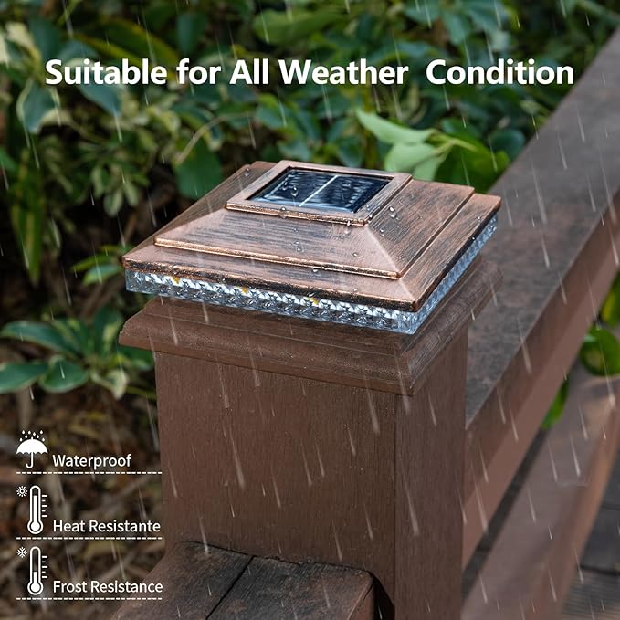 Solar Post Cap Lights,Outdoor Deck Fence Post Lights,Powerful Lithium Battery 20Lumens Two Light Modes Warm White/Bright White Suitable for 4x4 5x5 Wooden Posts,4x4 Viny Posts (Brushed Copper, 6pk)