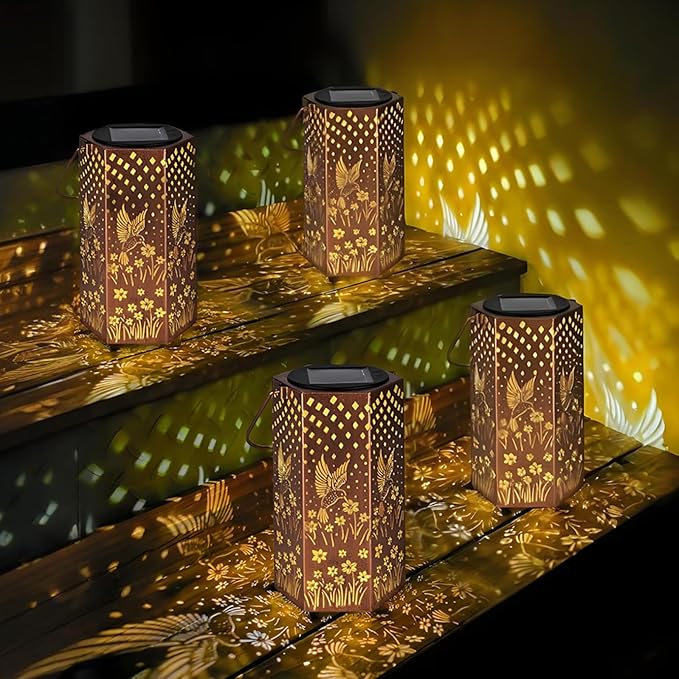 4-Pack Hummingbird Solar Lanterns, Waterproof LED Garden Lights