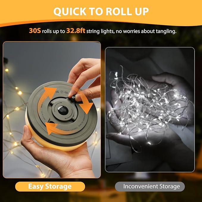 Camping String Lights, 4 in 1 Quick Storage Camping Essentials Gear 32.8FT Rechargeable Tent Lights with 6 Modes Hanging Waterproof LED Camp Lamp for Camping Hiking Patio Garden Festival-Warm White